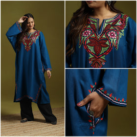 Blue - handwoven aari hand embroidered kashmiri merino wool