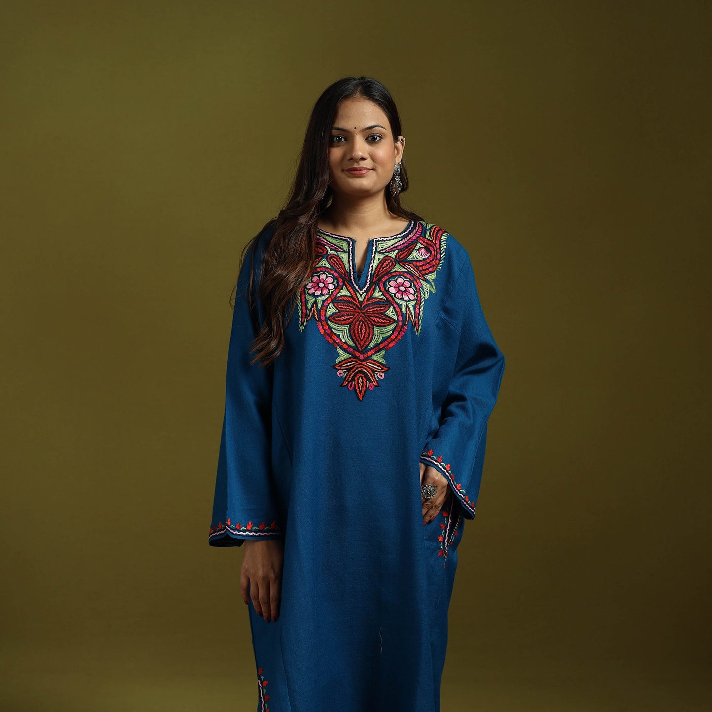 Blue - handwoven aari hand embroidered kashmiri merino wool