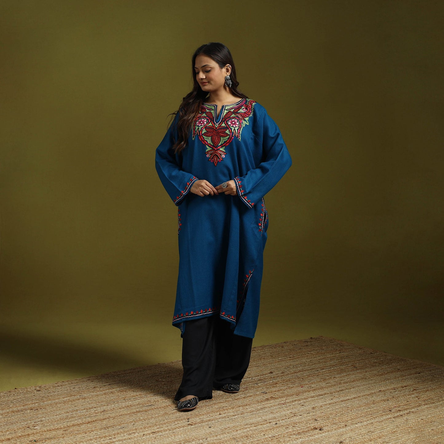 Blue - handwoven aari hand embroidered kashmiri merino wool