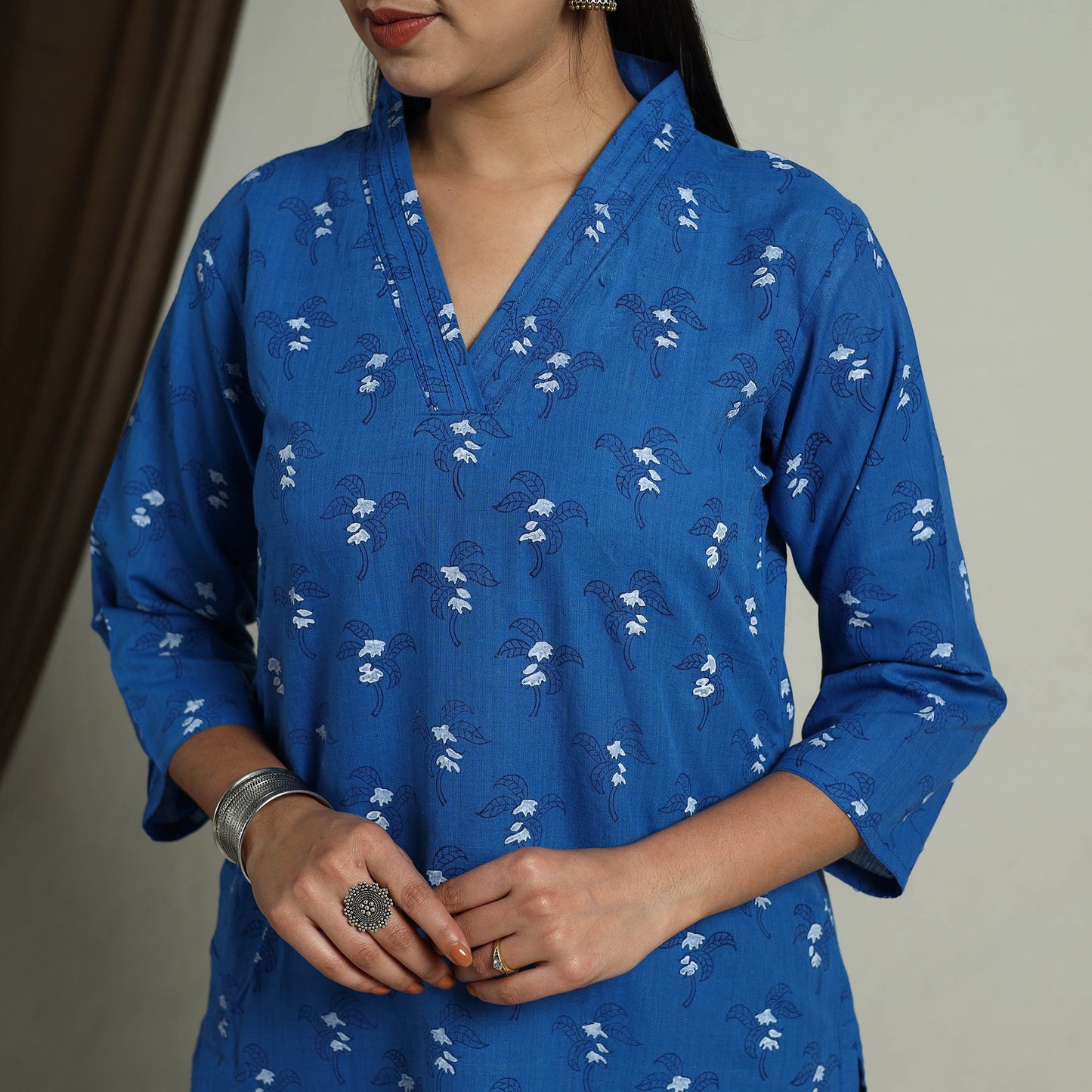 Blue Block Print Handwoven Cotton Straight Mangalagiri Kurta