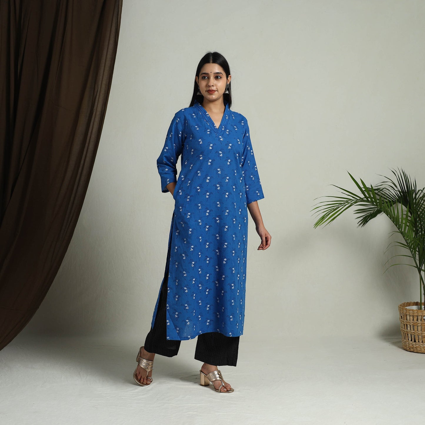 Blue Block Print Handwoven Cotton Straight Mangalagiri Kurta
