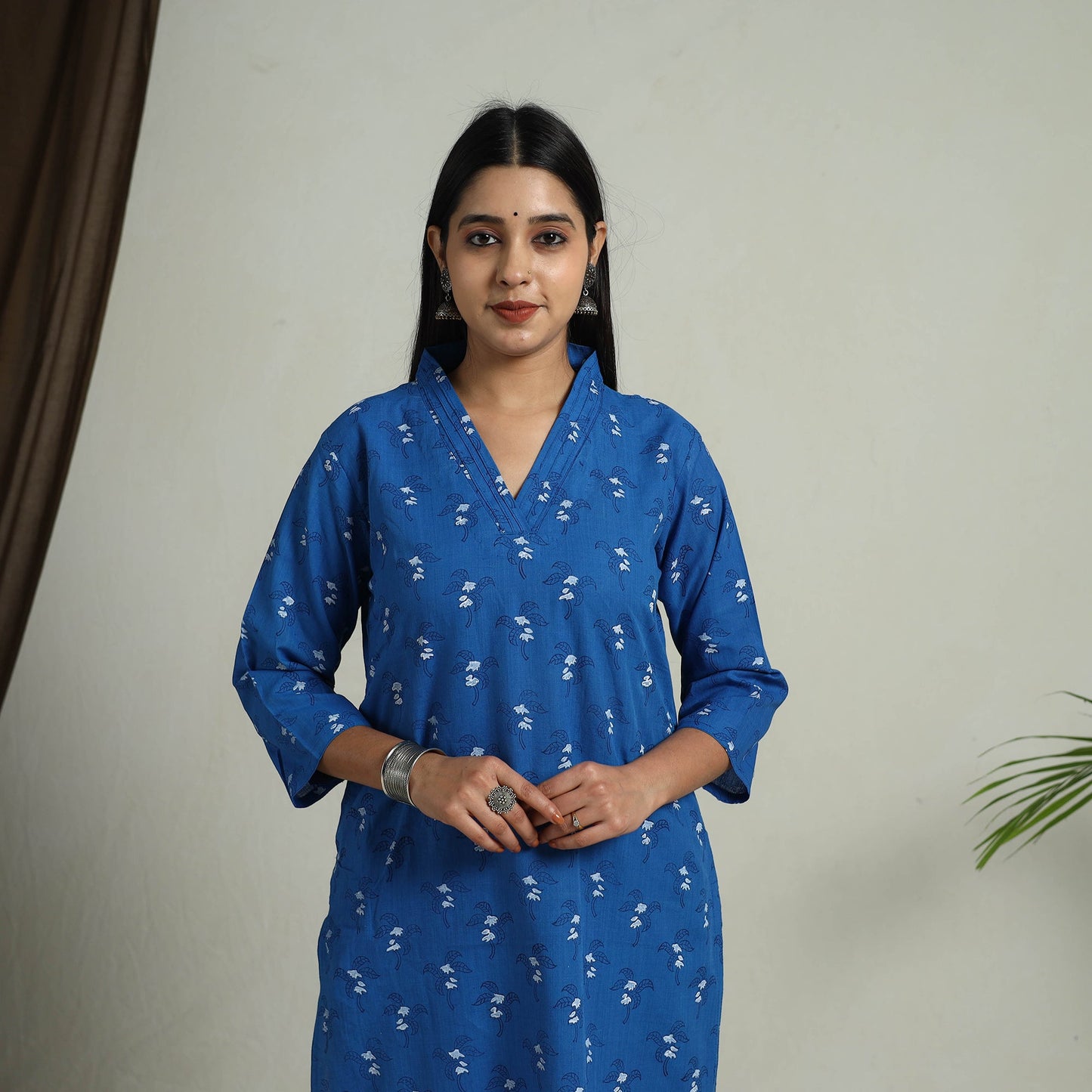 Blue Block Print Handwoven Cotton Straight Mangalagiri Kurta