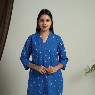 Blue Block Print Handwoven Cotton Straight Mangalagiri Kurta