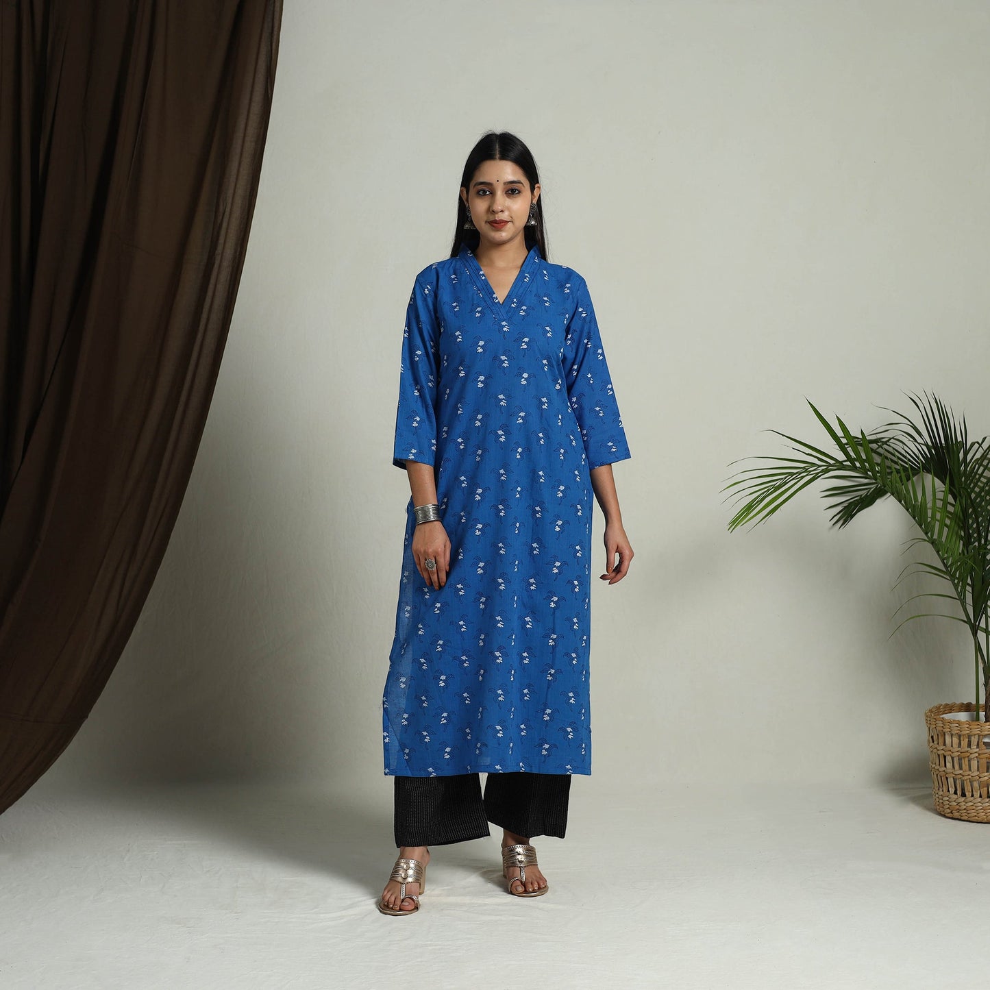 Blue Block Print Handwoven Cotton Straight Mangalagiri Kurta