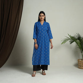 Blue Block Print Handwoven Cotton Straight Mangalagiri Kurta
