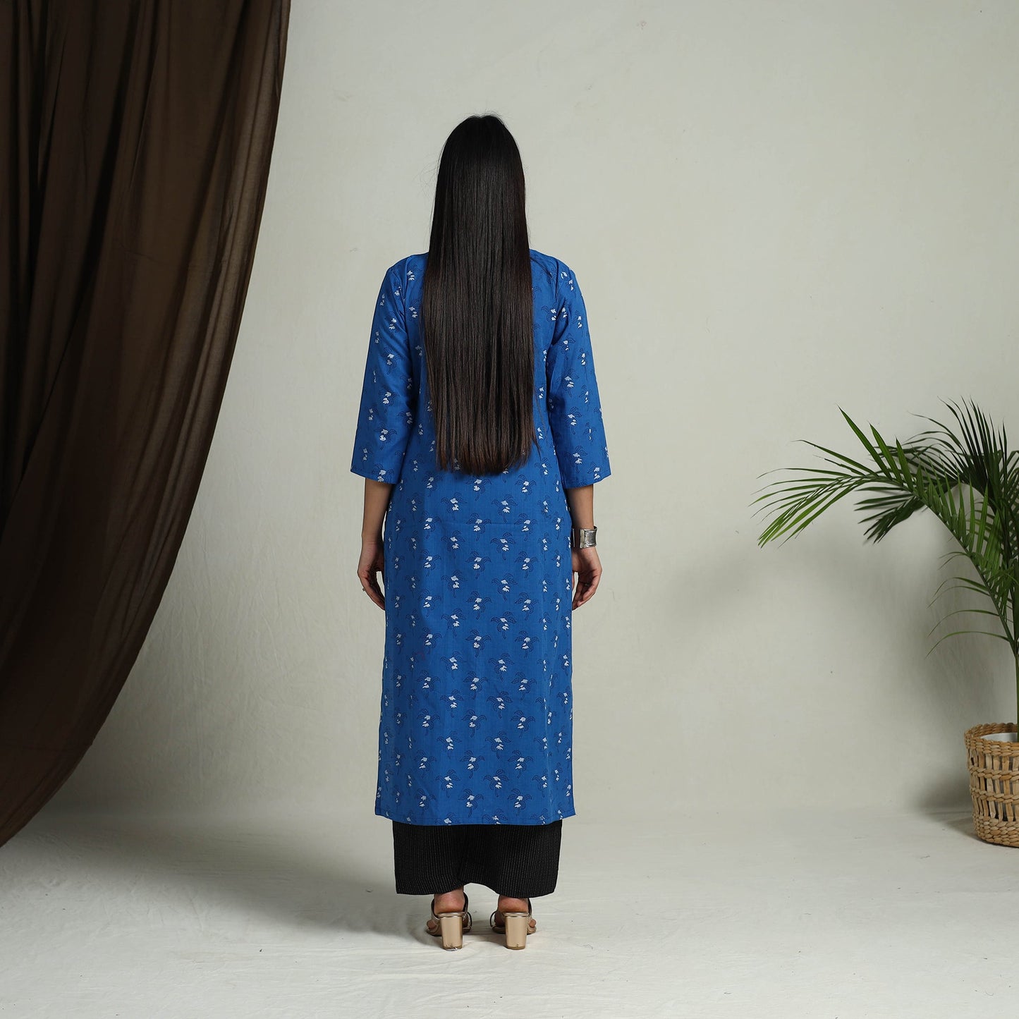 Blue Block Print Handwoven Cotton Straight Mangalagiri Kurta