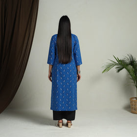 Blue Block Print Handwoven Cotton Straight Mangalagiri Kurta