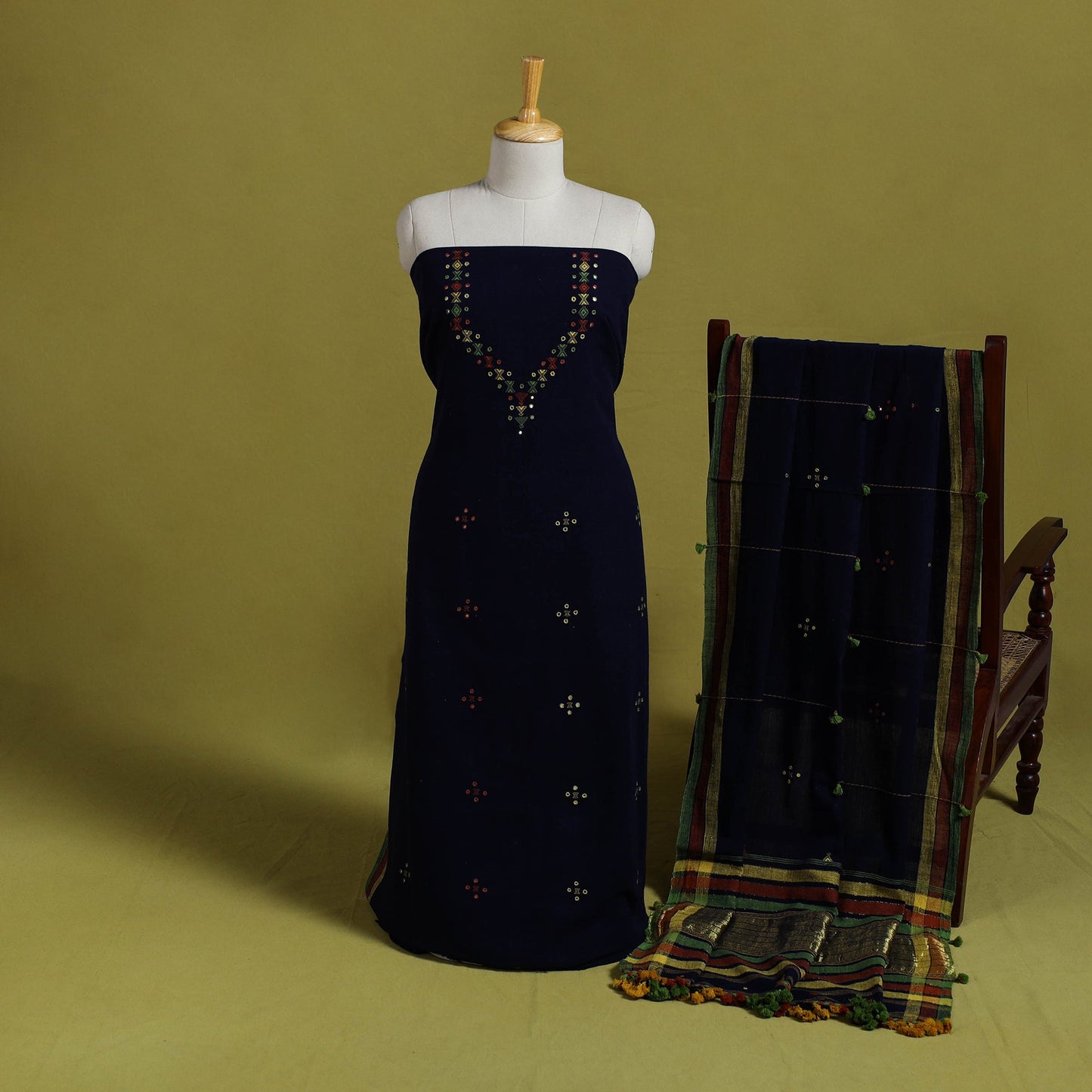 Buy Blue Handwoven Kala Cotton 3pc Kutch Bhujodi Dress Material