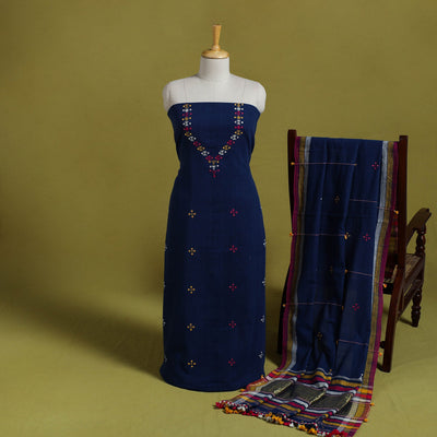  Blue Handwoven Kala Cotton 3pc Kutch Bhujodi Dress Material
