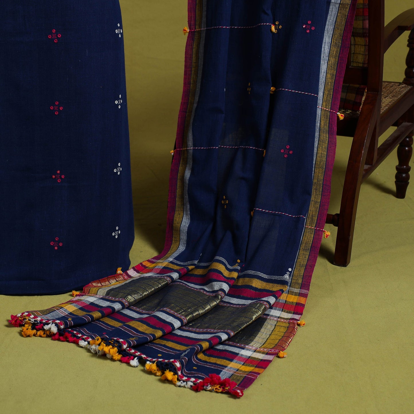  Blue Handwoven Kala Cotton 3pc Kutch Bhujodi Dress Material