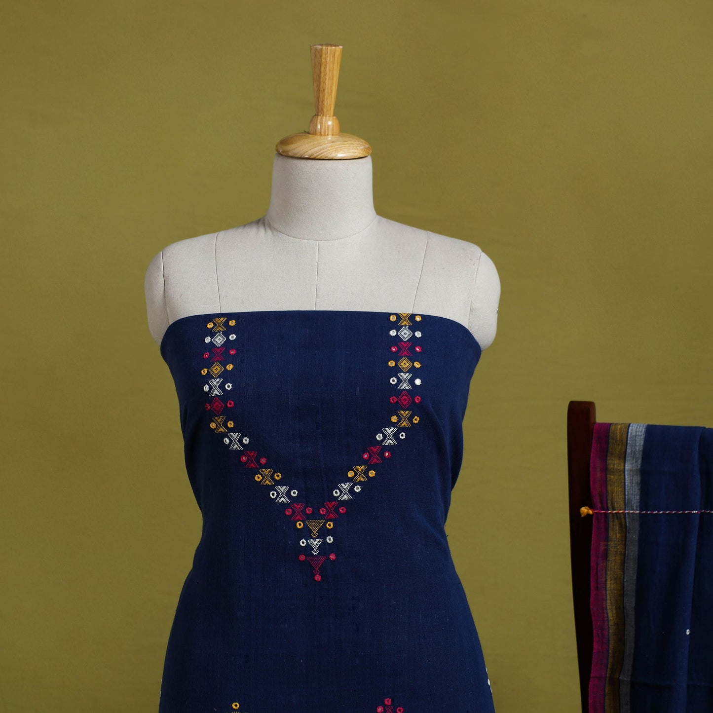  Blue Handwoven Kala Cotton 3pc Kutch Bhujodi Dress Material