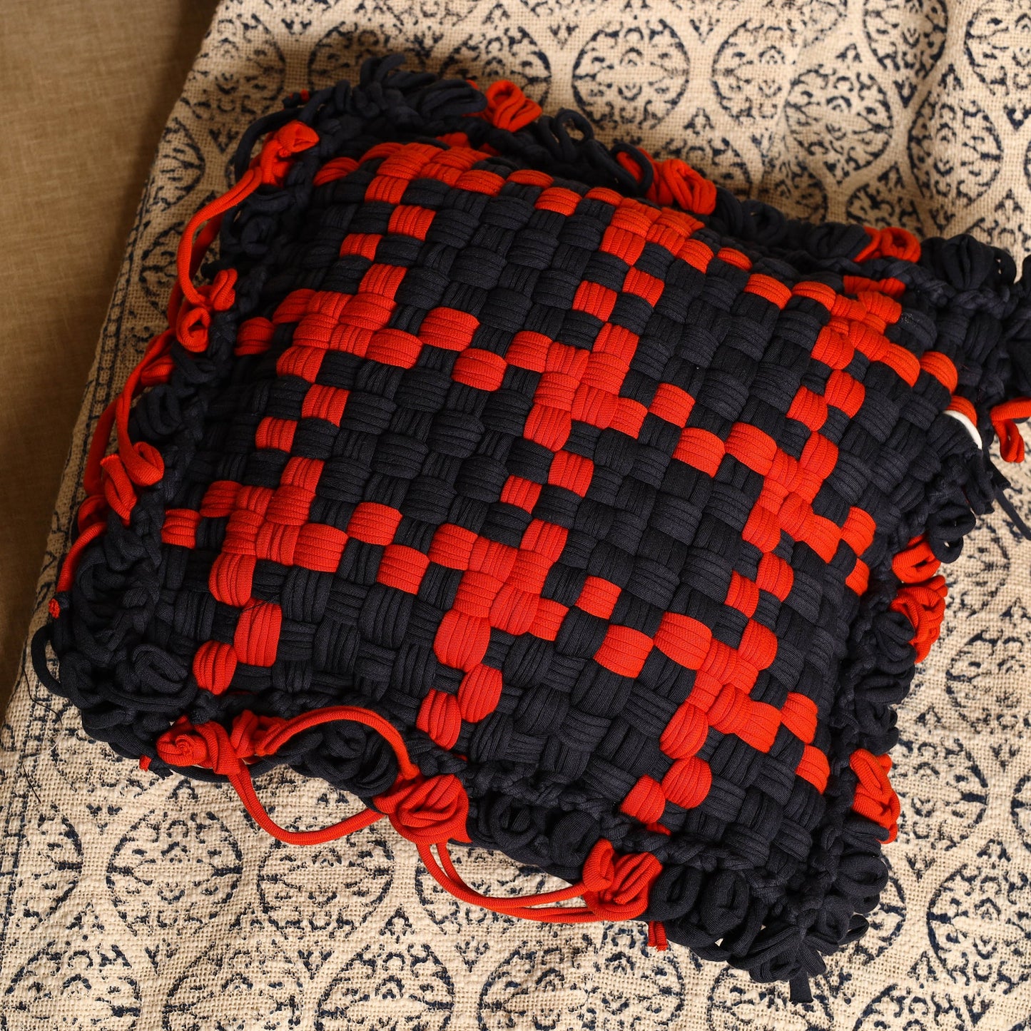 Blue - handwoven upcycled cotton cushion cover (12 x 12 in)