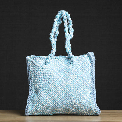 Blue Handwoven Upcycled Cotton Hand/Lunch Bag