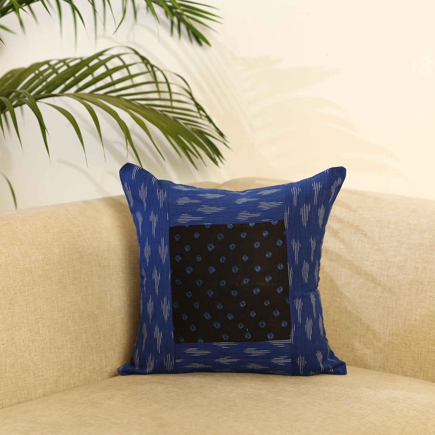 Buy Blue Ikat Cotton with Bandhani Modal Silk Cushion Cover
