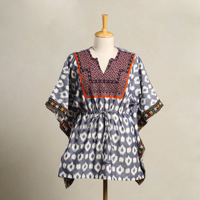 Blue Ikat Cotton Kaftan with Desert Thread Embroidery (Short)