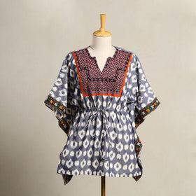Blue Ikat Cotton Kaftan with Desert Thread Embroidery (Short)