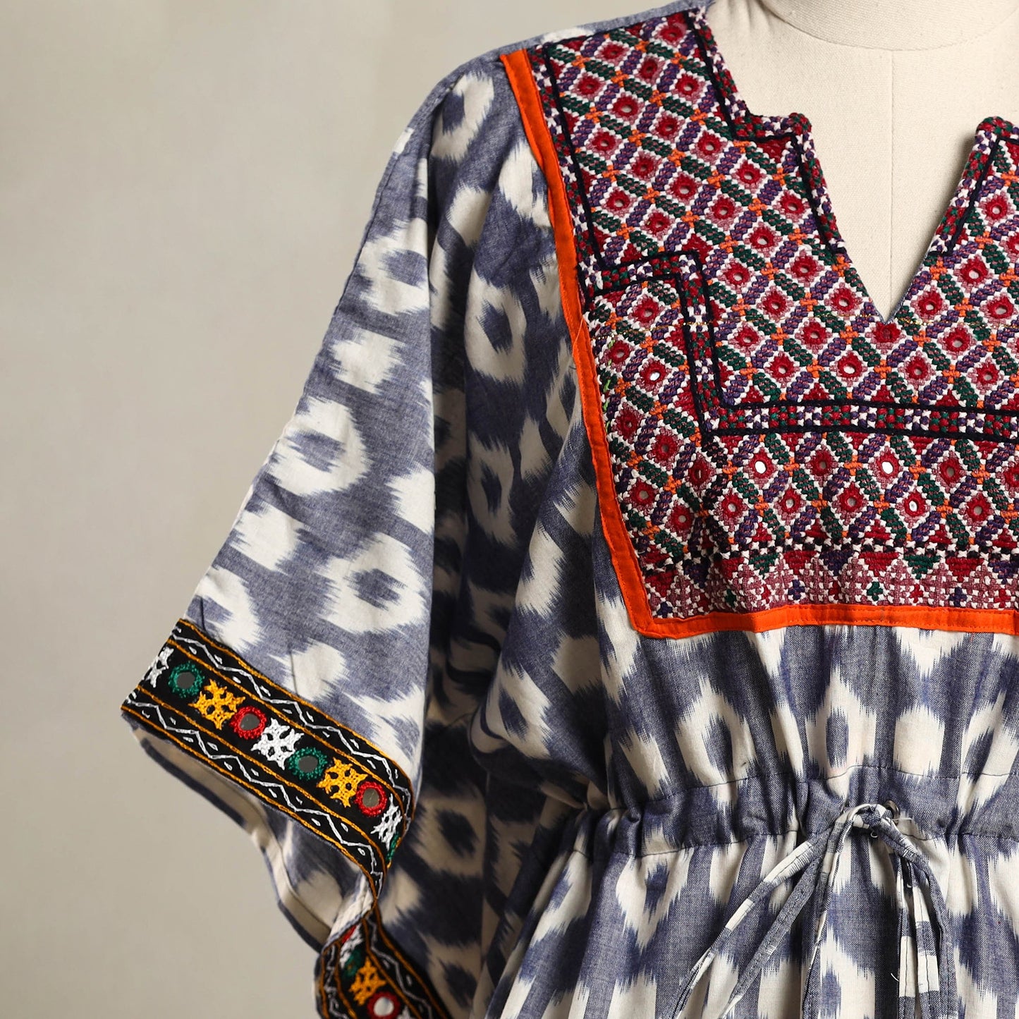 Blue Ikat Cotton Kaftan with Desert Thread Embroidery (Short)