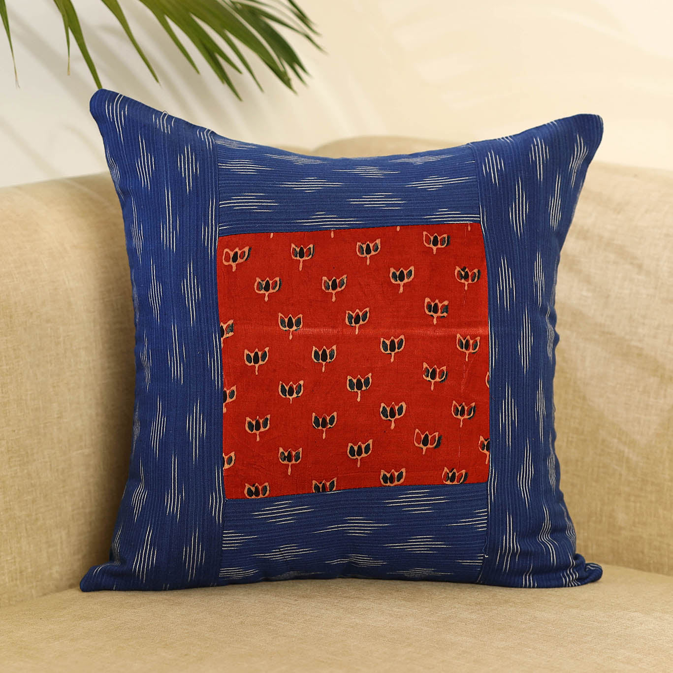 Blue Ikat Cotton with Ajrakh Modal Silk Cushion Cover
