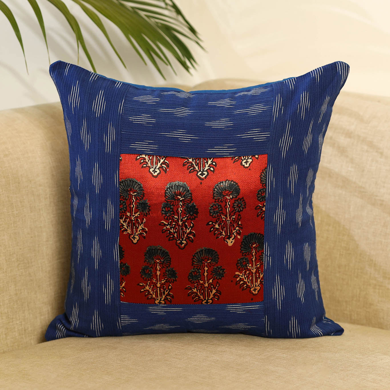 Blue - ikat cotton with modal silk cushion cover 08