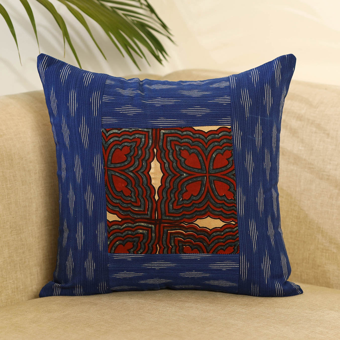 Blue - ikat cotton with modal silk cushion cover 09