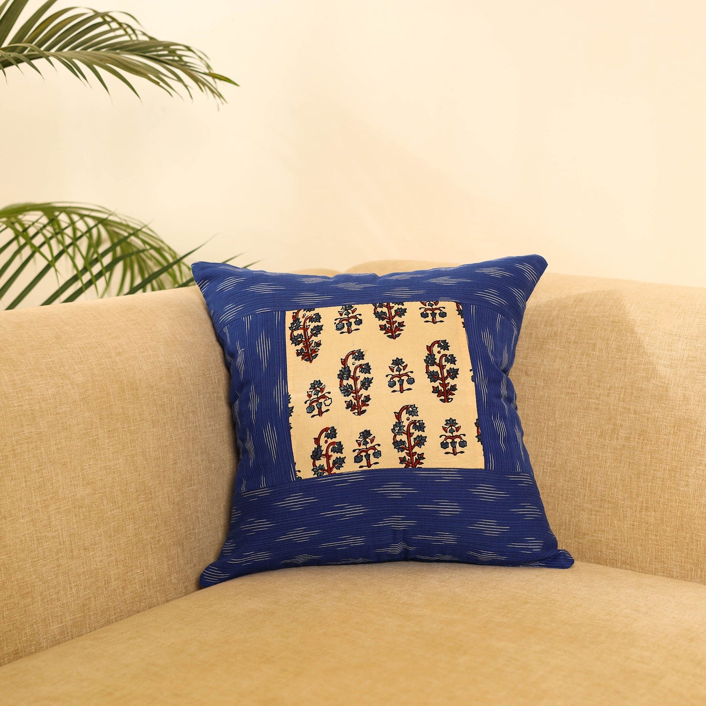 Buy Blue Ikat Cotton with Ajrakh Modal Silk Cushion Cover