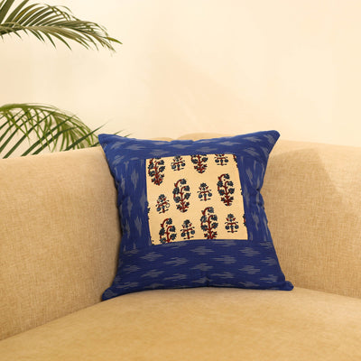 Buy Blue Ikat Cotton with Ajrakh Modal Silk Cushion Cover