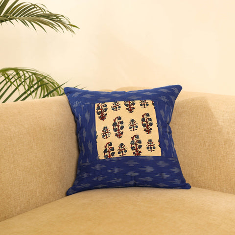 Buy Blue Ikat Cotton with Ajrakh Modal Silk Cushion Cover