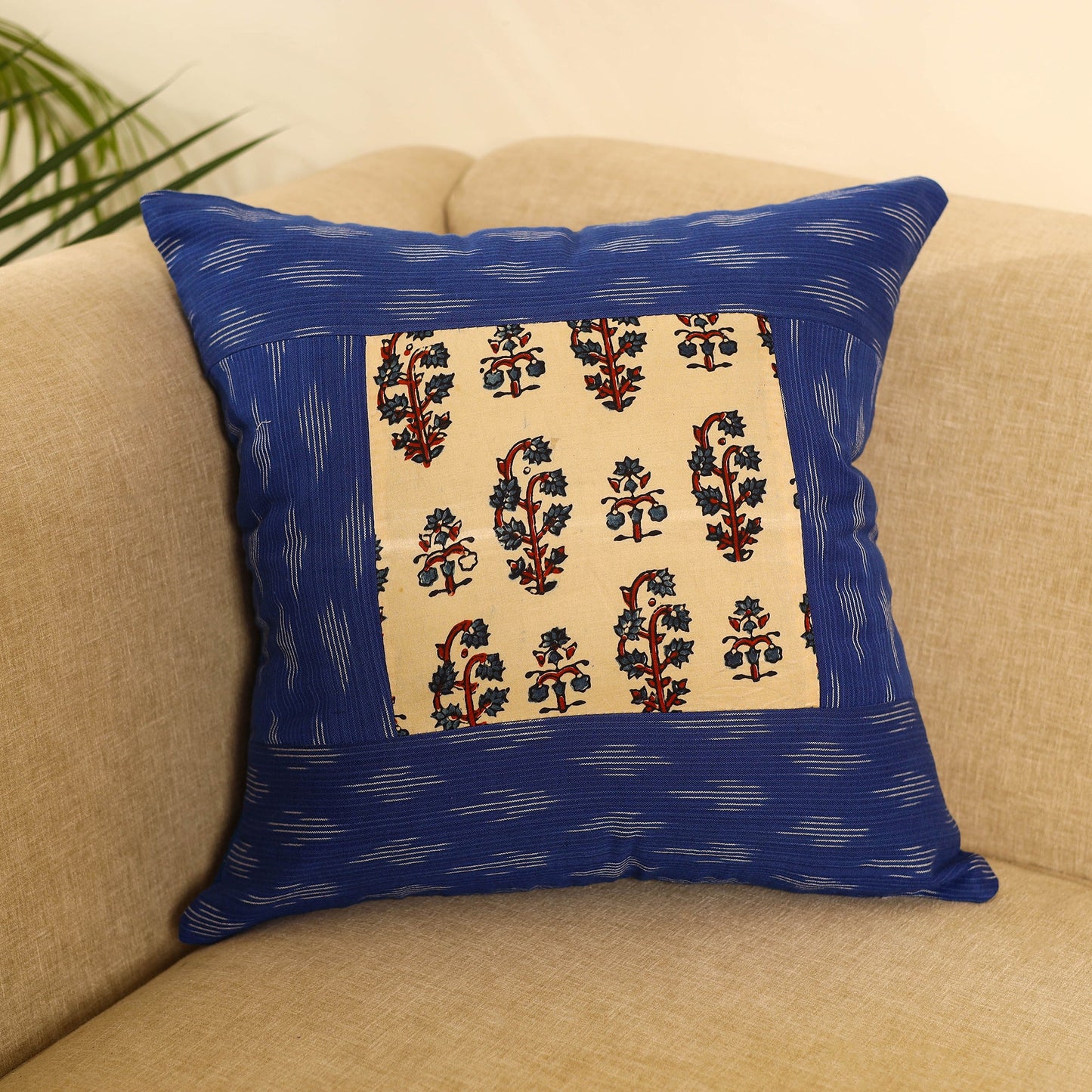 Buy Blue Ikat Cotton with Ajrakh Modal Silk Cushion Cover
