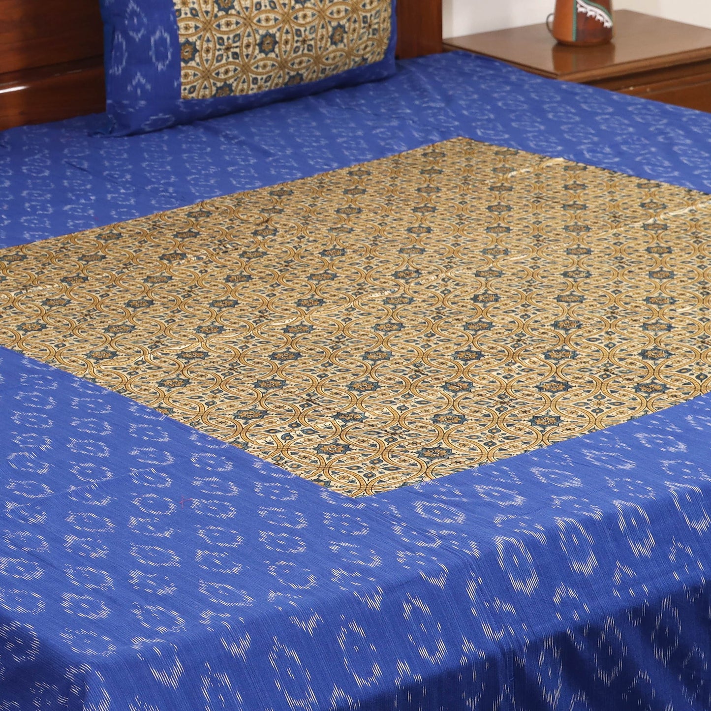 Blue - ikat with modal silk patch cotton bedsheet set 31