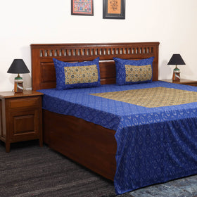 Blue - ikat with modal silk patch cotton bedsheet set 31