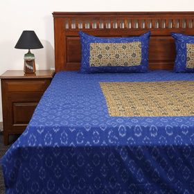 Blue - ikat with modal silk patch cotton bedsheet set 31