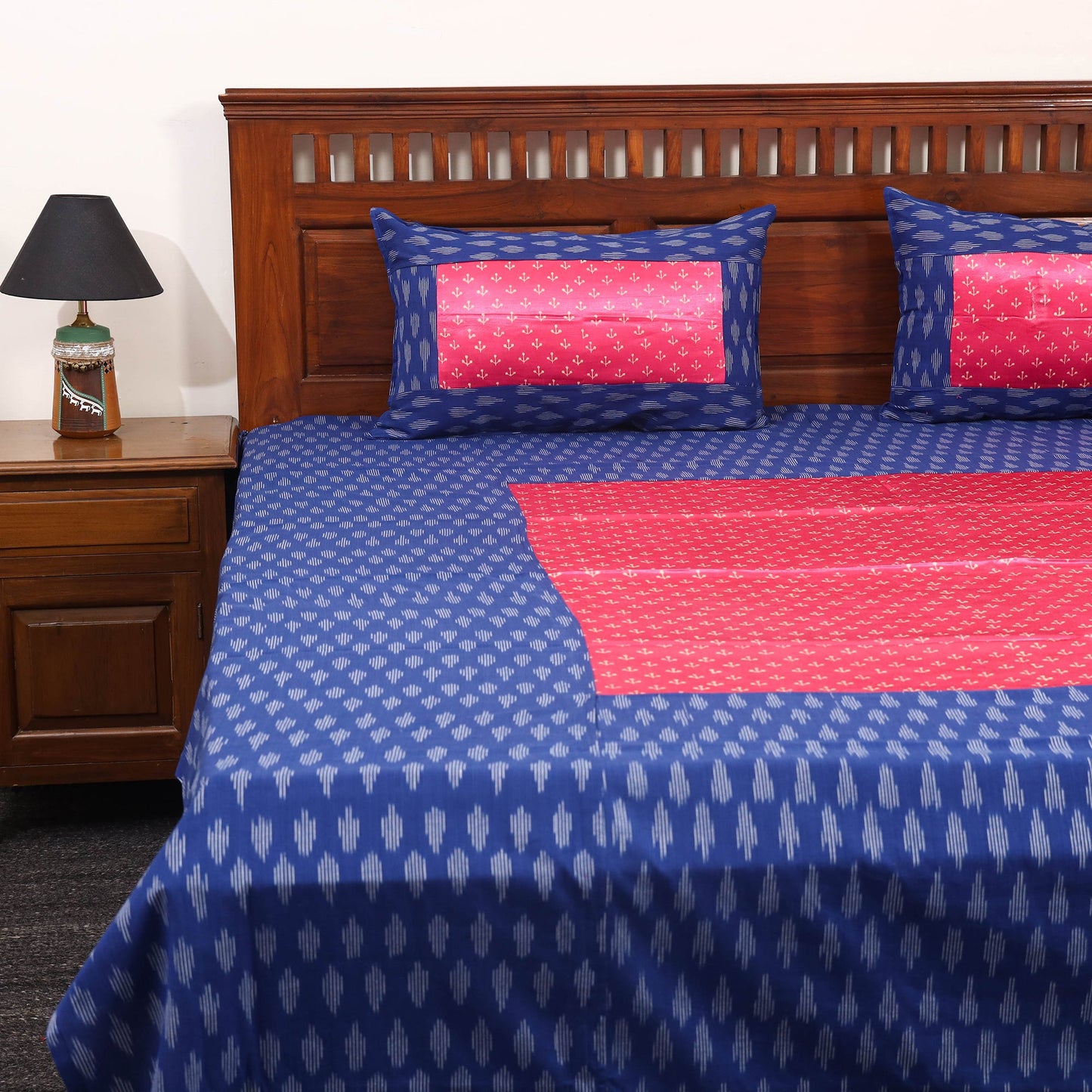 Blue - ikat with modal silk patch cotton bedsheet set 38