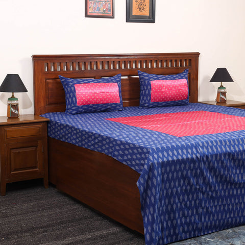 Blue - ikat with modal silk patch cotton bedsheet set 38