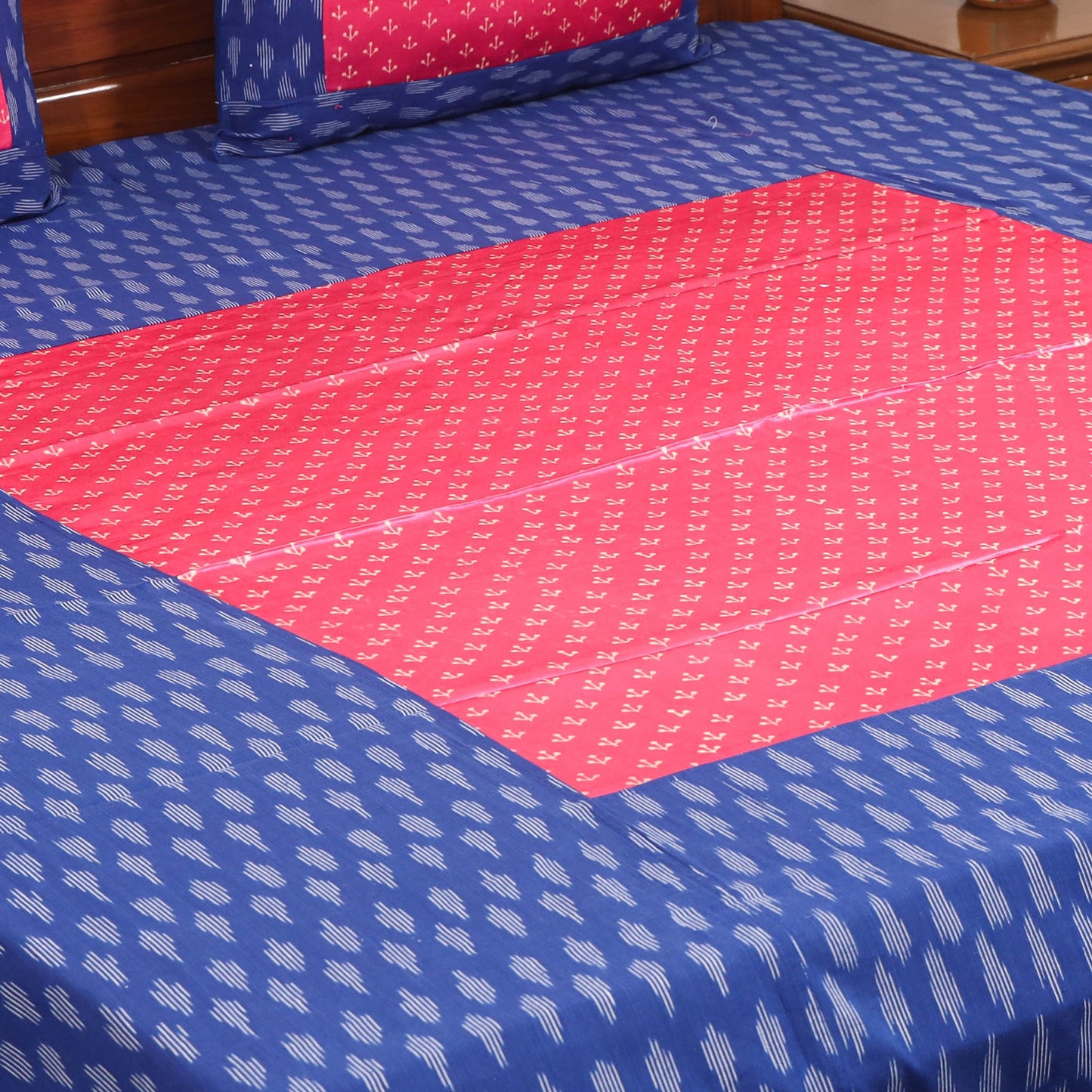 Blue - ikat with modal silk patch cotton bedsheet set 38