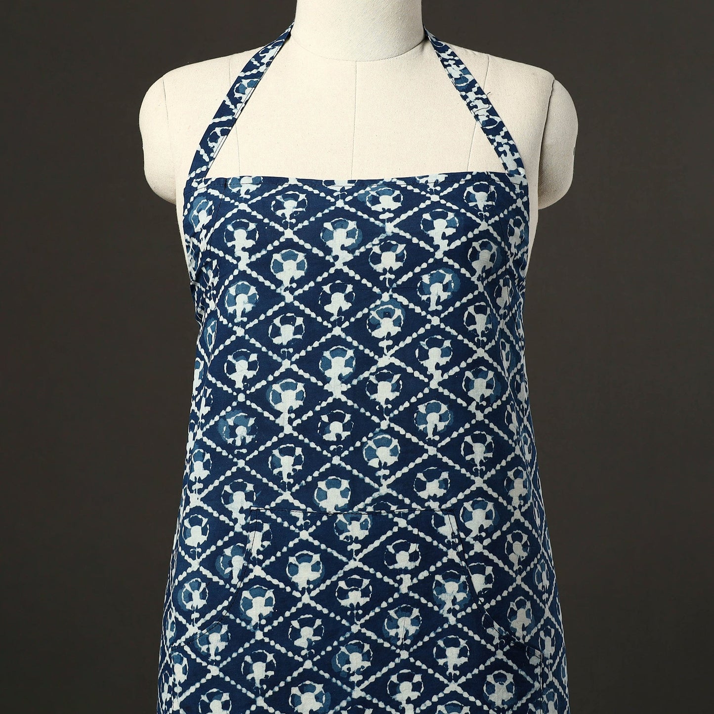 Blue - Indigo - Bagru Block Print Cotton Apron with Pocket 52