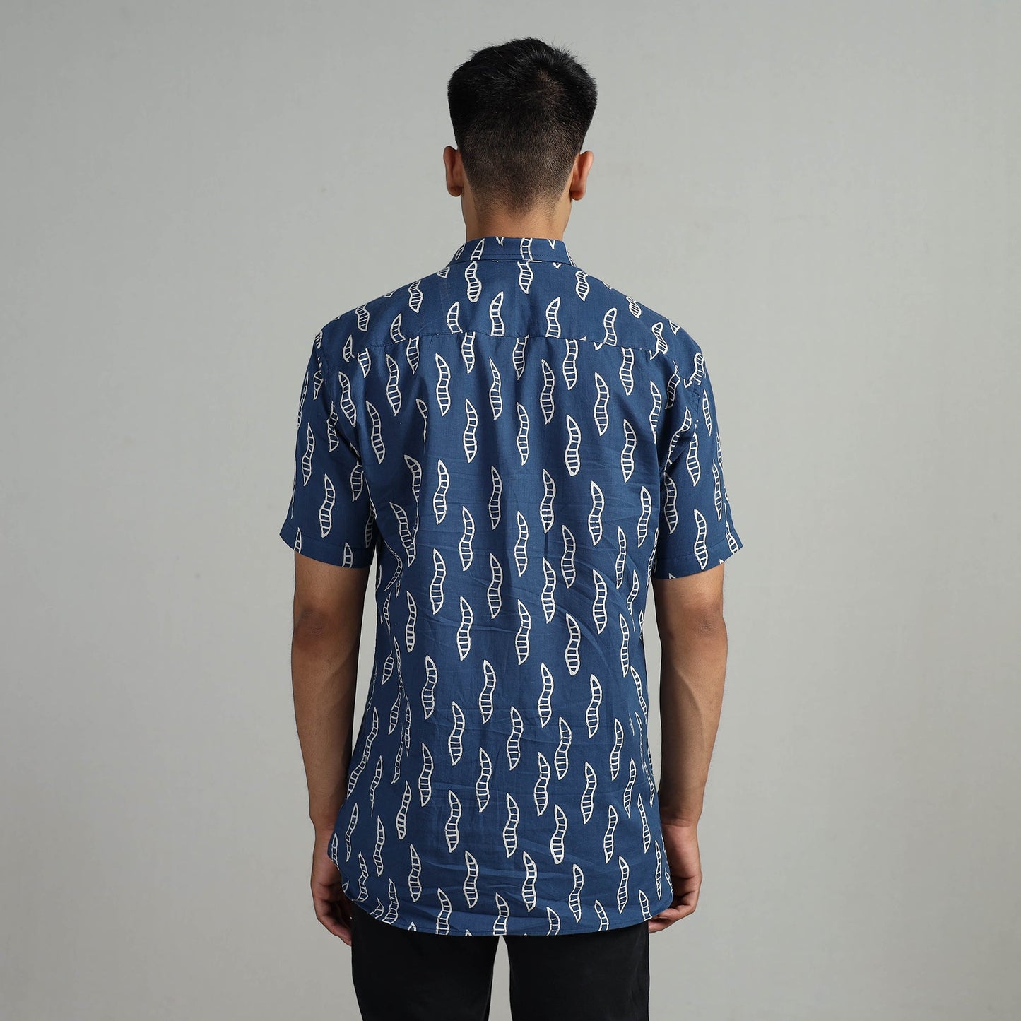 Blue Indigo Block Printed Cotton Men Half Sleeve Shirt