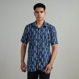 Blue Indigo Block Printed Cotton Men Half Sleeve Shirt