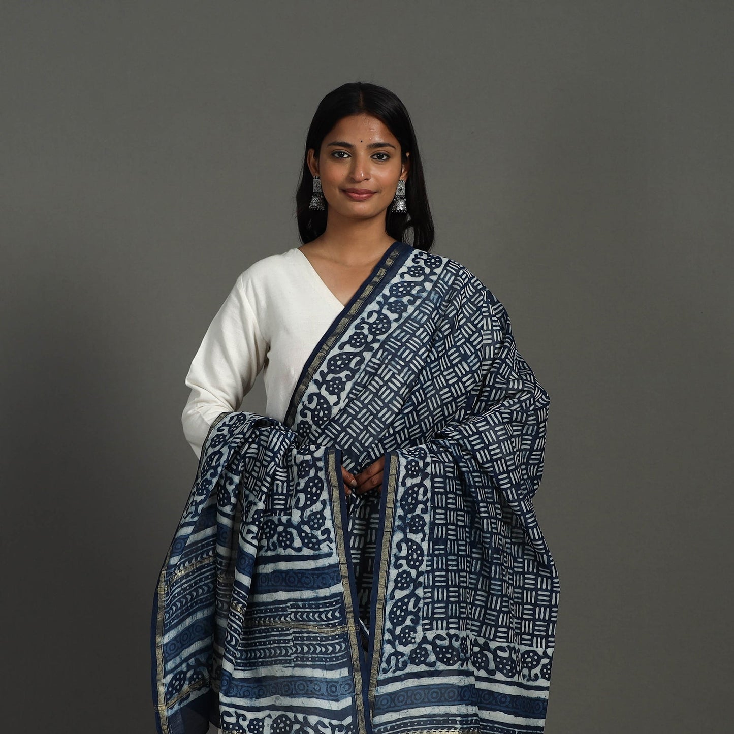 Buy Indigo Chanderi Silk Block Print Dabu Bagru Dupatta