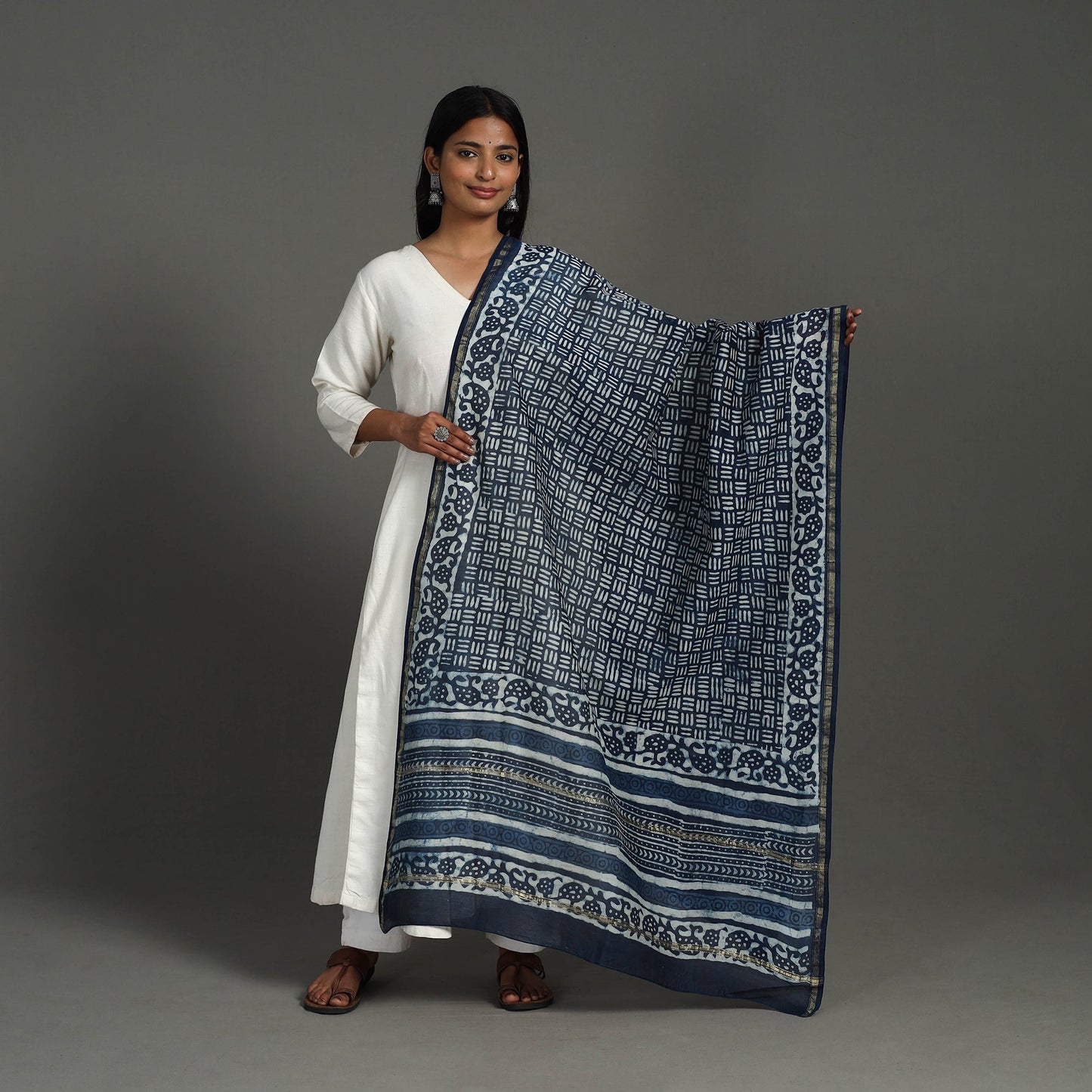 Buy Indigo Chanderi Silk Block Print Dabu Bagru Dupatta