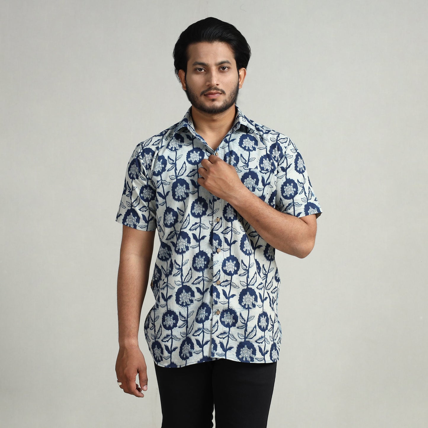 Blue - indigo hand block printed cotton men half sleeve