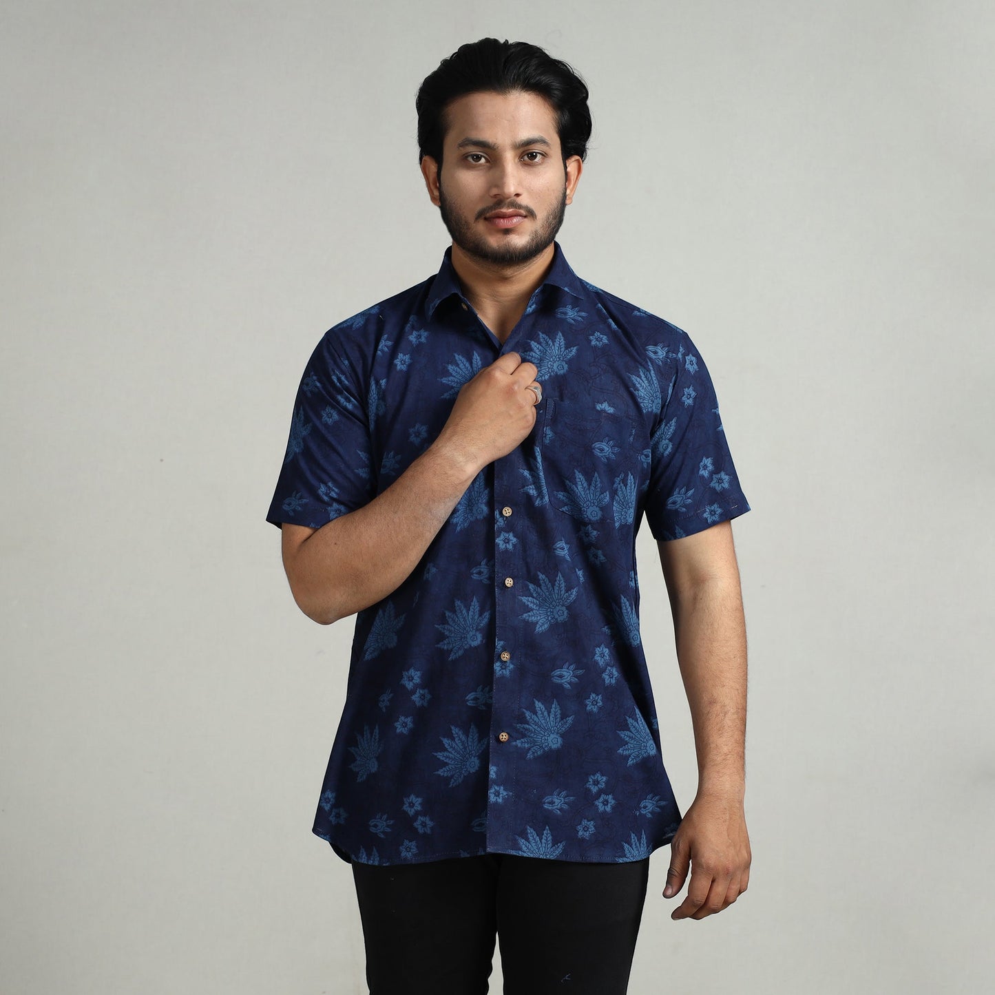 Blue - indigo hand block printed cotton men half sleeve