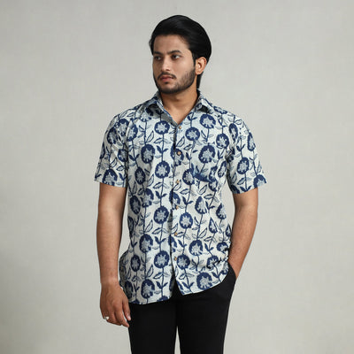 Blue - indigo hand block printed cotton men half sleeve