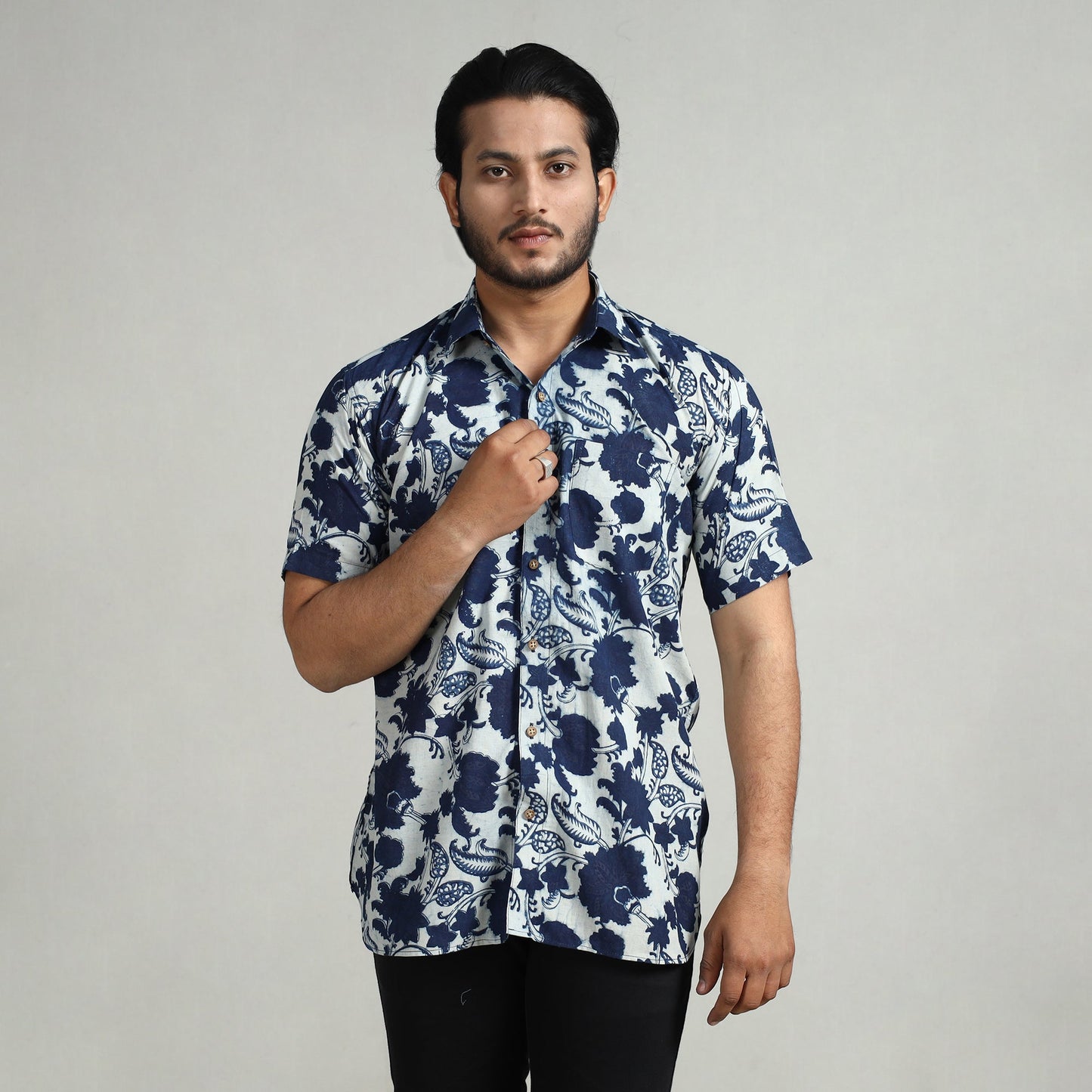 Blue - indigo hand block printed cotton men half sleeve