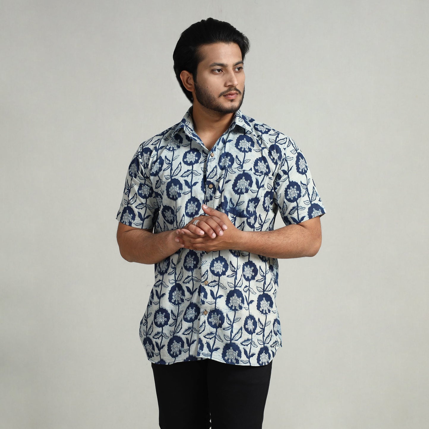 Blue - indigo hand block printed cotton men half sleeve