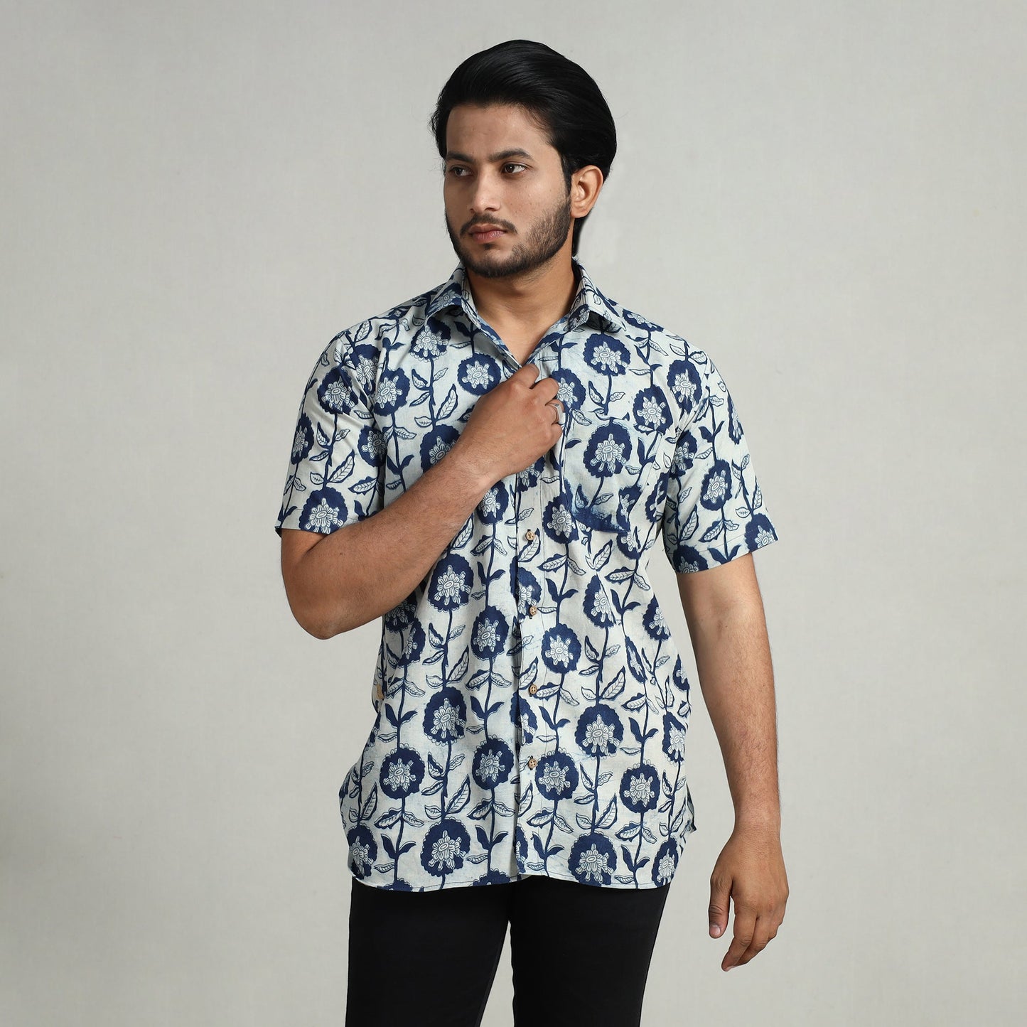 Blue - indigo hand block printed cotton men half sleeve