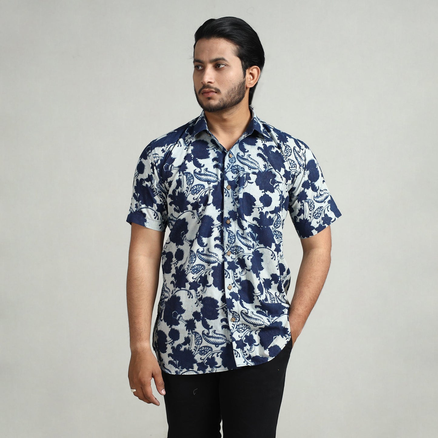 Blue - indigo hand block printed cotton men half sleeve
