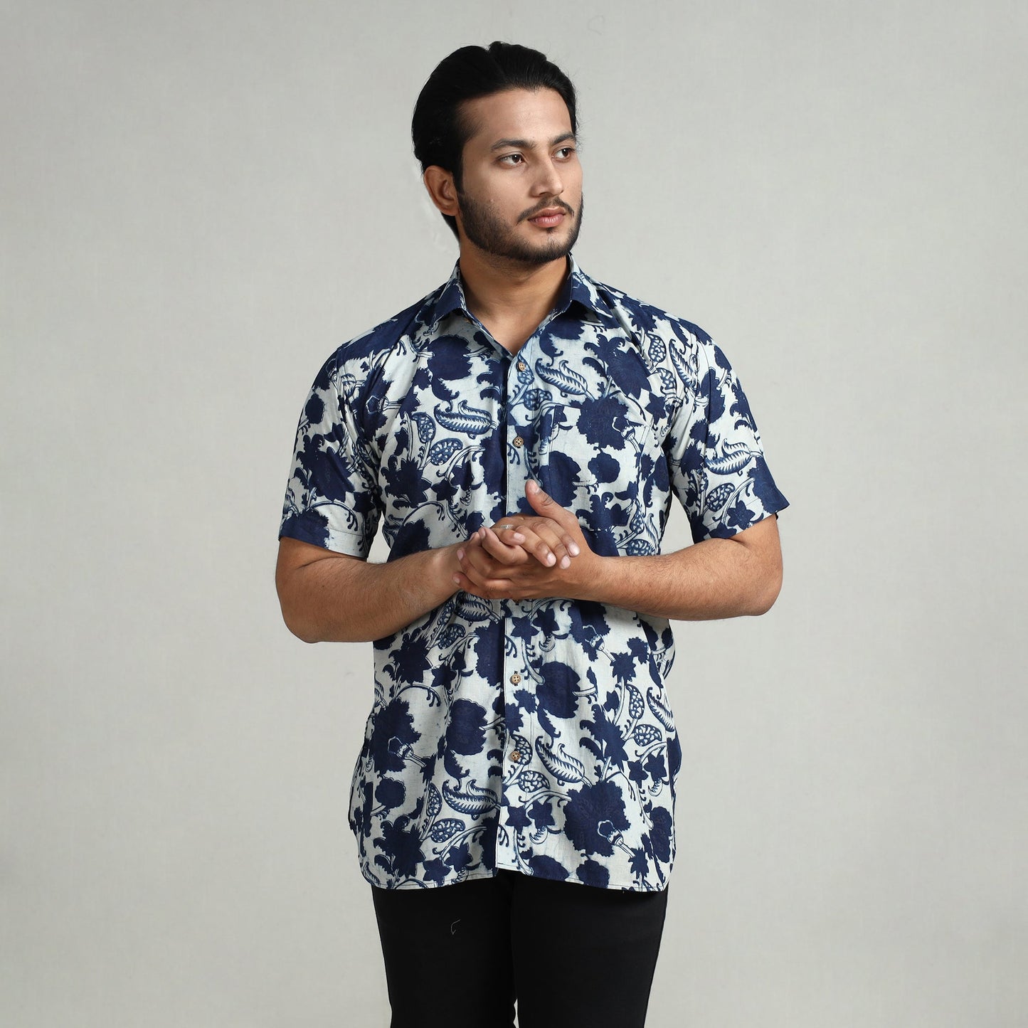 Blue - indigo hand block printed cotton men half sleeve