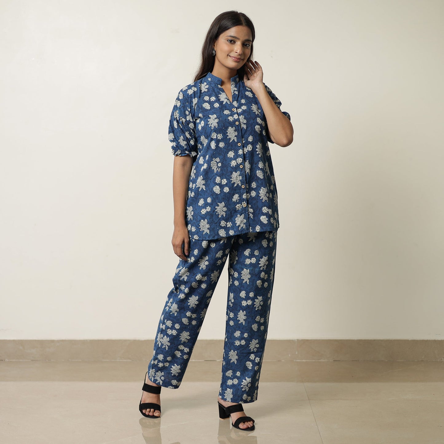 Blue - indigo hand printed cotton co-ord set 01