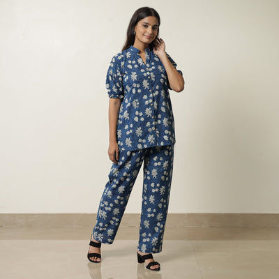 Blue - indigo hand printed cotton co-ord set 01