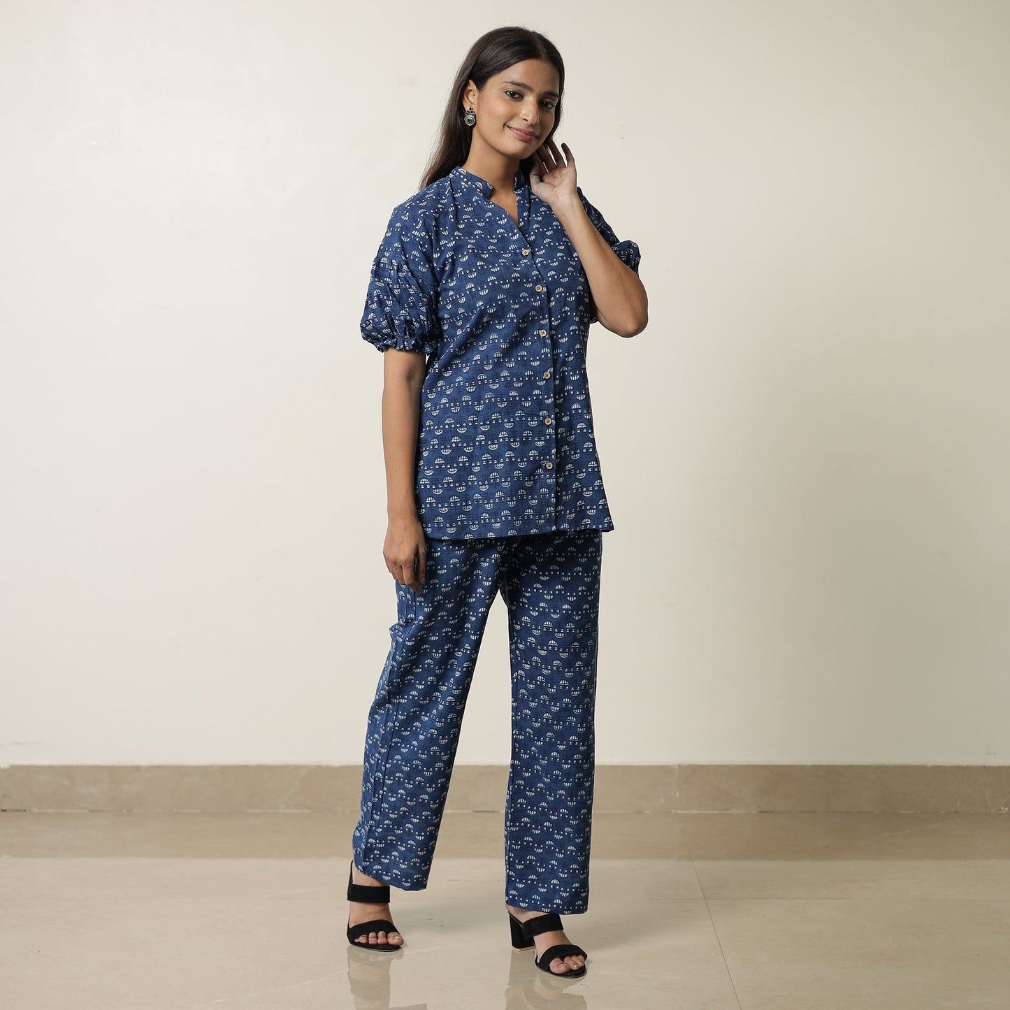 Blue - indigo hand printed cotton co-ord set 05